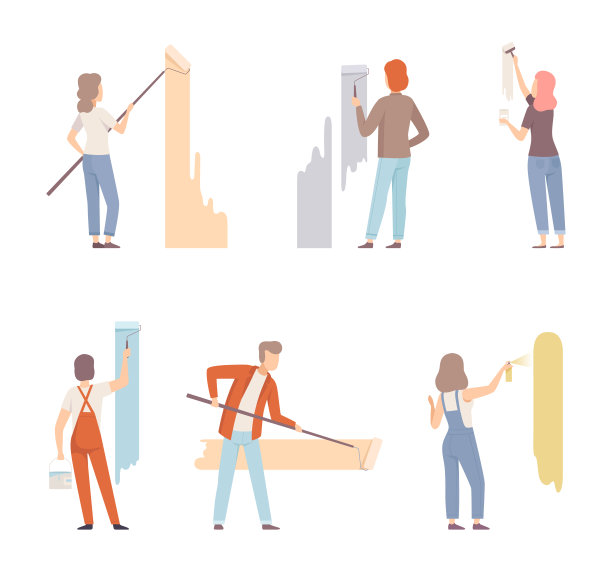一组人用滚筒画墙，从后面的卡通矢量插图图片下载