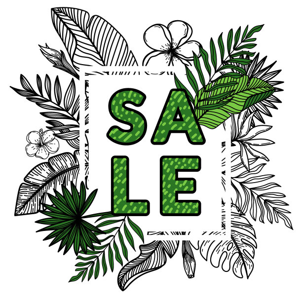 销售横幅，折扣，棕榈叶海报，丛林树叶，异国花卉和笔迹。矢量手绘草图风格。花热带夏季背景。矢量插图。图片下载
