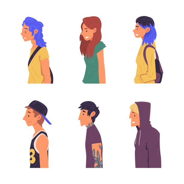 年轻人的侧面视图在现代休闲装集卡通矢量插图图片下载