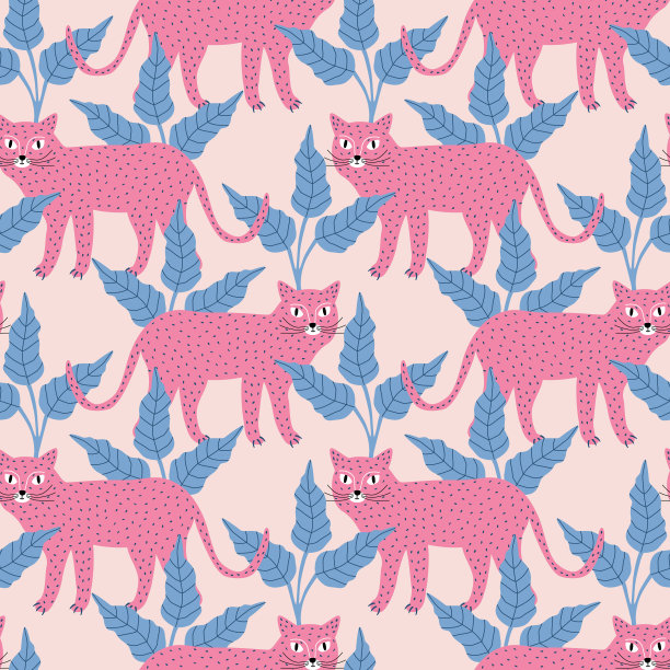 粉红色的豹和蓝色的热带树叶手绘矢量插图。彩色野猫和丛林无缝图案的孩子织物或墙纸。图片下载