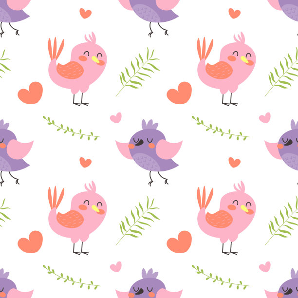 可爱的无缝图案与粉红色的鸟在树枝背景EPS图片下载