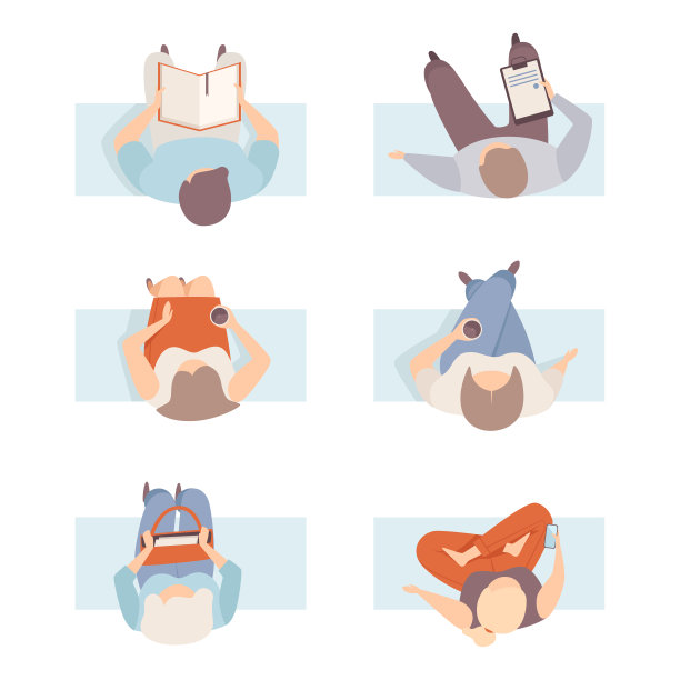 从上面看坐在椅子上的人。俯视图坐着的男人和女人做不同的活动平面矢量插图图片下载