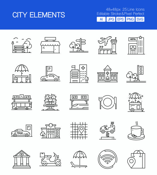 城市元素细线矢量图标集。设计是可编辑的，颜色可以改变。矢量组的创意图标:商店，咖啡馆，酒店，医院，地铁图片下载