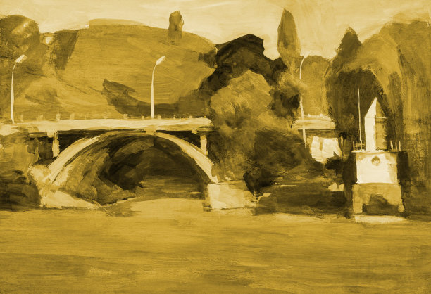 插画油画棕褐色山水桥上的河流山坡上有草木图片下载