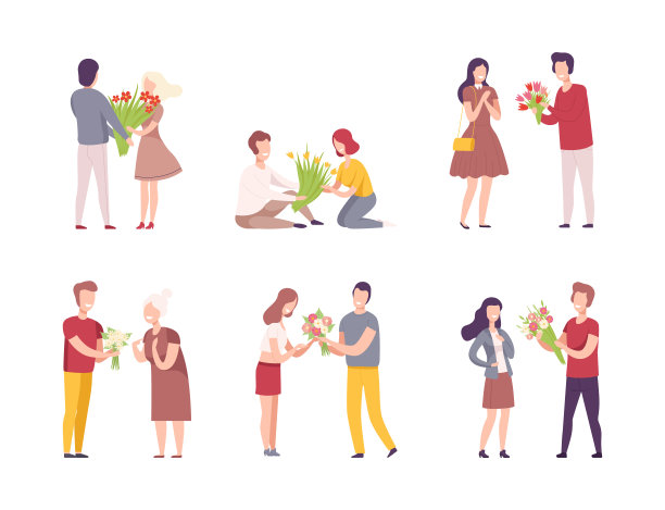 男人给快乐的女人一束花。祝贺女性在假期平面矢量插图图片下载