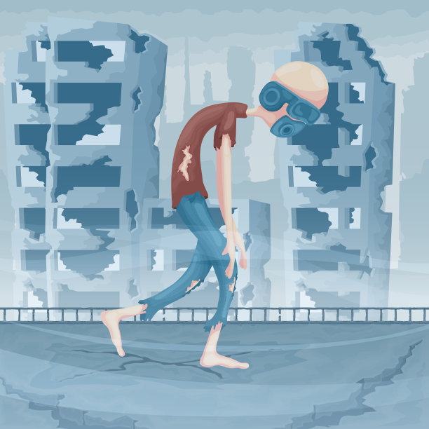 一个带着AR眼镜的孤独的人穿越一个被未知灾难摧毁的城市，令人心碎的场景。在世界末日后的废墟中，一种忧郁的气氛弥漫在荒凉的景色中图片下载