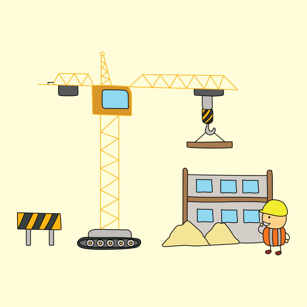 孩子们绘制矢量插图的建筑施工现场与工人和塔式起重机在卡通风格。图片下载