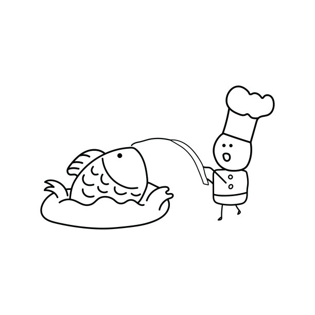 手绘儿童绘画风格有趣的面包师抓住了一个巨大的鱼面包在卡通风格图片下载