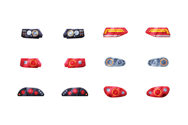 头灯。前面和后面的灯，汽车细节卡通矢量插图图片下载