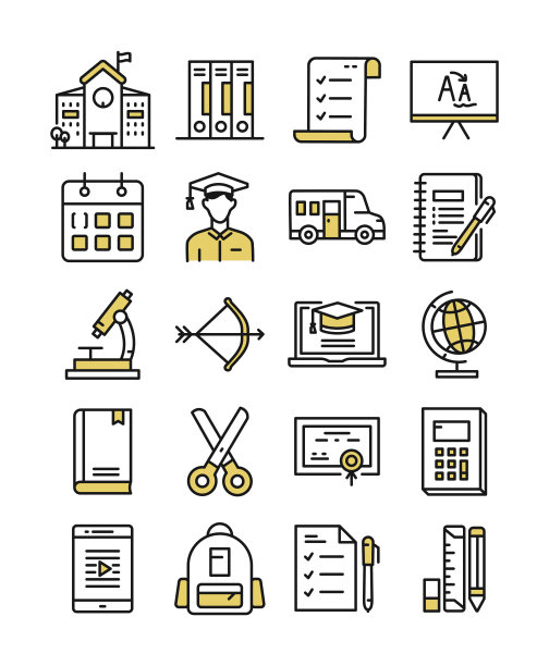 学校和教育，矢量风格的细线图标。简单和时尚的设计图标，信息图表，移动和网页等。彩色图标设置。学校，学生，电脑，书，教育，考试，毕业。图片下载
