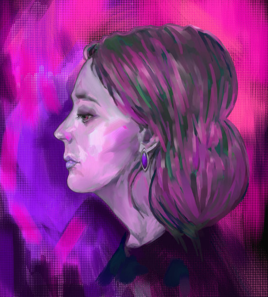 插图侧面肖像的女人与长黑发和美丽的耳环在她的耳朵上明亮的抽象背景在紫色的黄昏阴影图片下载