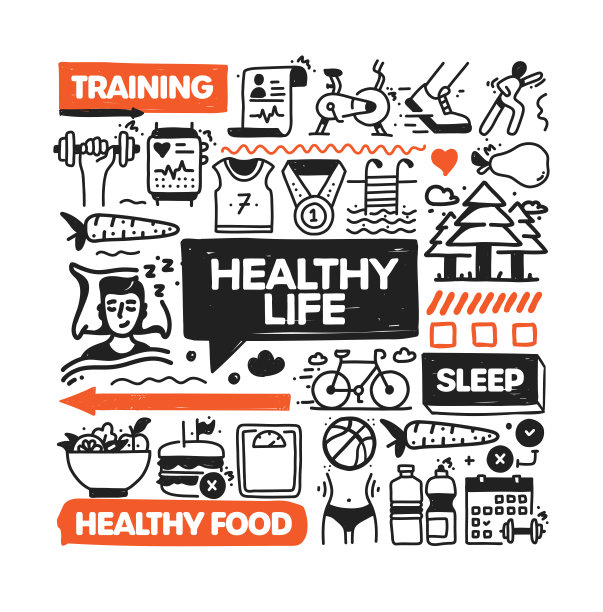 健康生活的对象和元素。矢量涂鸦插图收集。手绘图标集或横幅模板图片下载