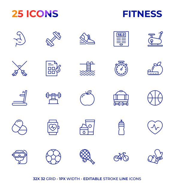 健身可编辑线条图标系列图片下载