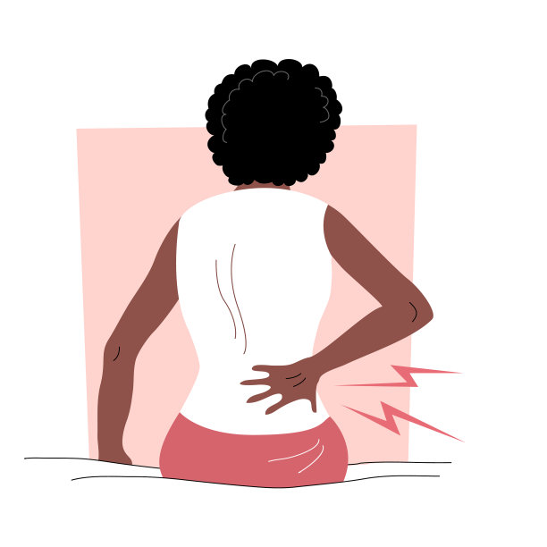 一个背部疼痛的女人坐在床上图片下载