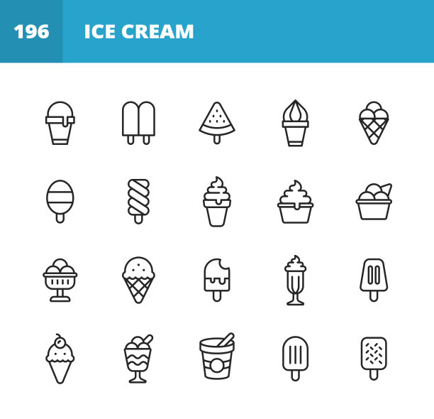 冰淇淋系列图标。可编辑的中风。像素完美。移动和网络。包含像冰淇淋，蛋筒，冷冻食品，夏天，香草冰淇淋，巧克力，杯子，零食，甜点，水果，乳制品，甜食品，牛奶，华夫饼，西瓜，冰沙。图片下载