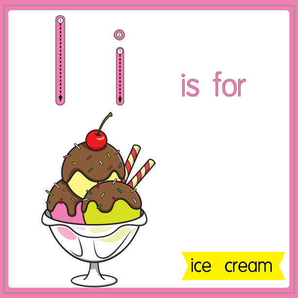 矢量插图学习字母为儿童与卡通形象。字母I代表冰淇淋。图片下载