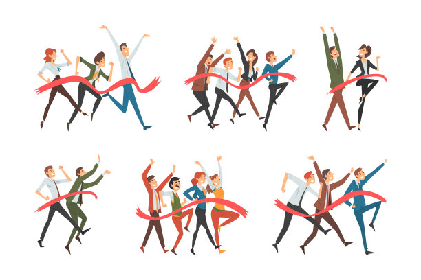 一群商人冲过终点线。商业竞争和赢得概念卡通矢量插图图片下载