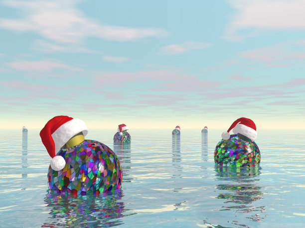 圣诞节水上漂浮的圣诞球- 3D渲染图片下载