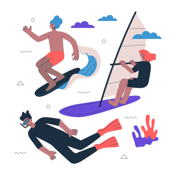水上极限运动套装。年轻人冲浪、风帆和浮潜。冲浪和潜水。冲浪和自由潜水的男人。潮女风帆冲浪水上运动eps图片下载