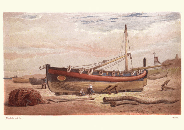 19世纪，维多利亚时代的一艘渔船停在海滩上图片下载