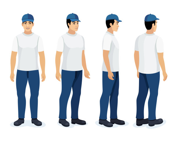 年轻人角色穿着白色t恤牛仔裤和帽子。一套不同的姿势设计。图片下载