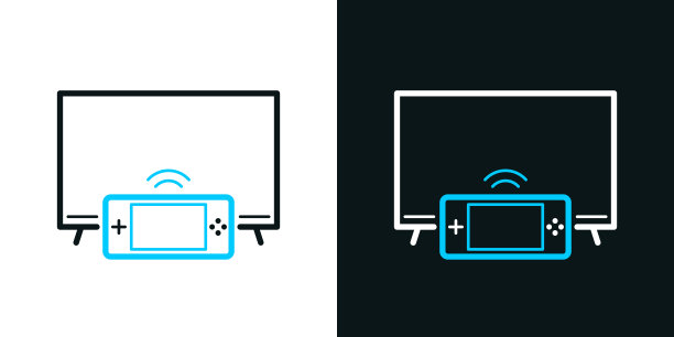 电视与手持游戏机。黑色或白色背景上的双色线图标-可编辑的笔画图片下载