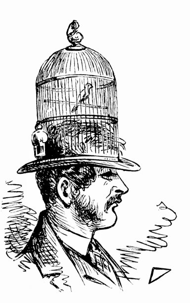 帽子上戴着鸟笼的男人，侧视图，虎皮鹦鹉坐在里面，白色背景图片下载