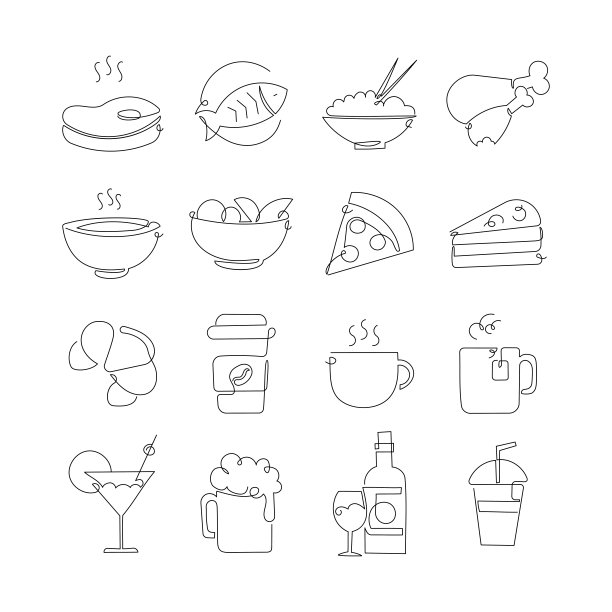 食物和饮料相关的单线图标。大纲符号集合图片下载