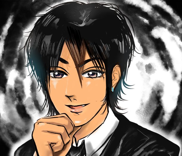 彩色卡通插图，一个21世纪初的主持人一样的骗子在玩把戏和旋转的背景图片下载