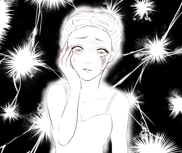 彩色卡通插图的上半身，一个美丽的少女哭泣绝望的红色，感染的丘疹和黑眼圈在她的眼睛，与闪电的背景。图片下载