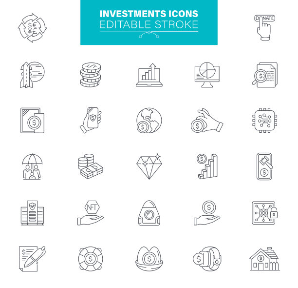 投资图标可编辑Stroke。包含图标为s货币，金融，银行，硬币，加密货币图片下载