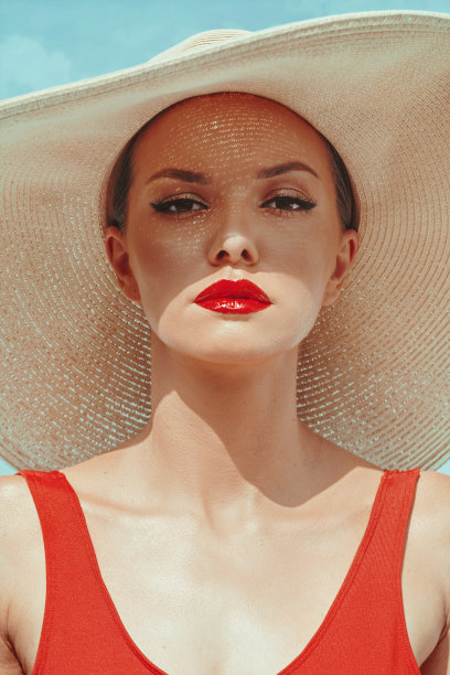 天空背景下穿着红色泳装的美丽女人图片下载