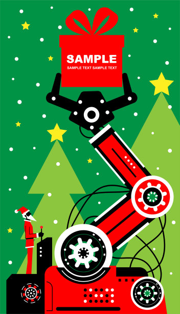 圣诞老人用操纵杆操作机械手臂举起圣诞礼物盒图片下载