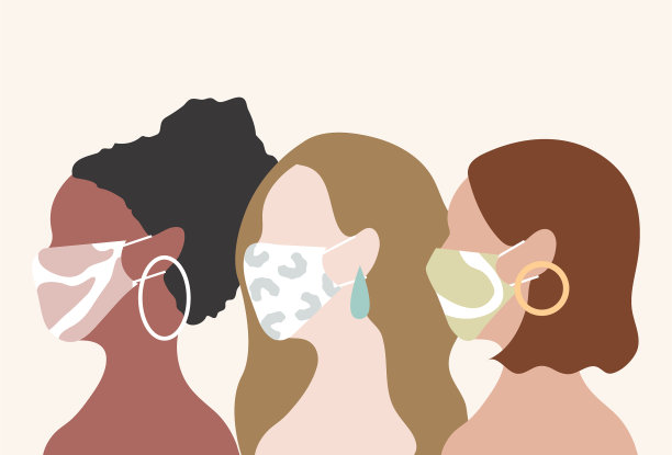 三个美丽的人戴着外科口罩。图片下载