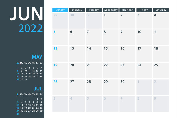 2022年6月日历规划器矢量模板。一周从周日开始图片下载