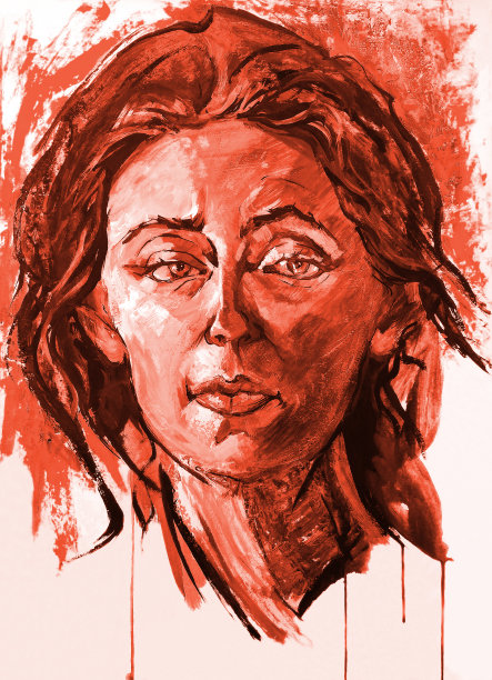 插图油画肖像的女人长黑发在棕褐色的色调图片下载