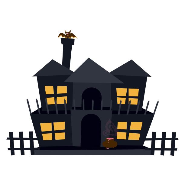 万圣节令人毛骨悚然的鬼屋。一座有窗户和屋顶的恐怖城堡。又黑又破的鬼屋。平面矢量图图片下载