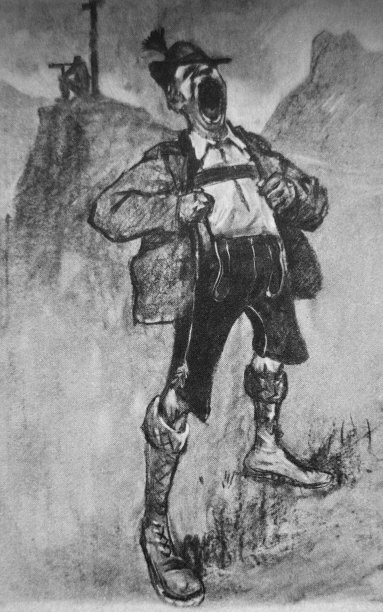 一个穿着皮短裤的巴伐利亚人站在山顶上，骄傲地大声哭泣图片下载