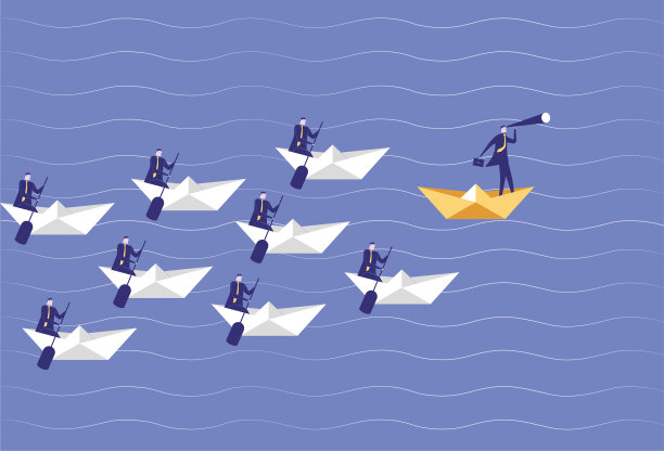 商人用双筒望远镜眺望前方，带领团队扬帆前进图片下载