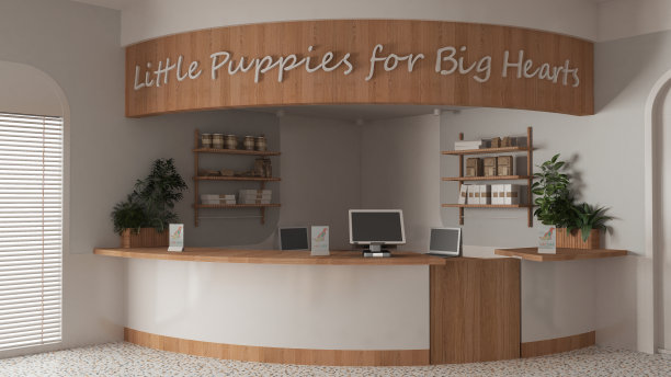 兽医诊所的接待处采用白色和木制的色调。货架上有宠物食品和装饰品，盆栽植物，笔记本电脑和台式电脑。拱形门，室内设计理念理念图片下载