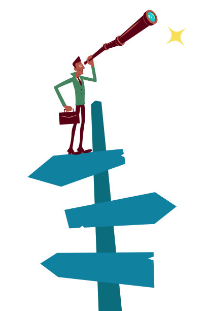 商人站在指示牌上手持望远镜寻找商机与成功图片下载