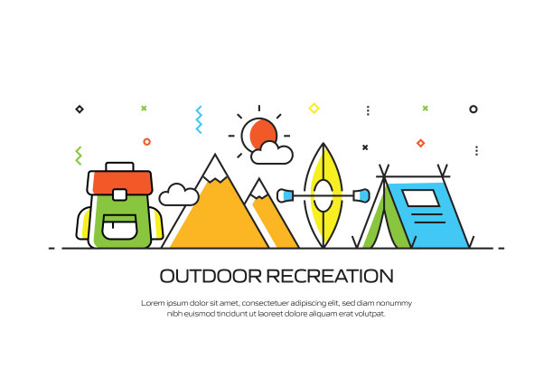 露营和户外娱乐相关的线风格横幅设计网页，标题，小册子，年度报告和书的封面图片下载
