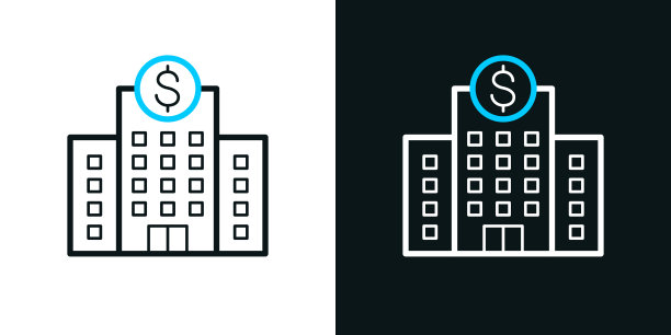 有美元符号的银行。黑色或白色背景上的双色线图标-可编辑的笔画图片下载