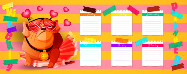 漫画风格的周报、日记、计划概念。每周待办事项清单与斗牛犬在抽象的颜色背景。图片下载