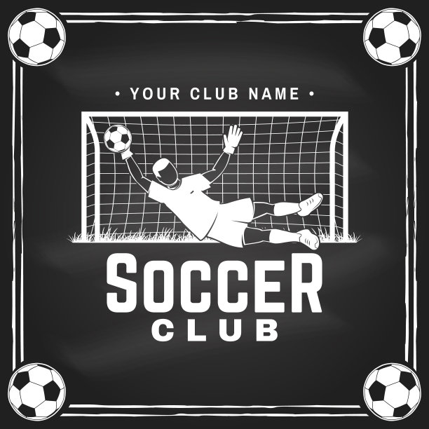 足球，足球俱乐部徽章设计在黑板上。矢量插图。足球俱乐部标志、会徽。复古单色标签，贴纸，贴片与足球守门员和门的轮廓。图片下载