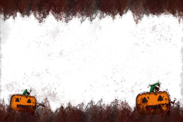 Grunge灰白色边框背景，万圣节主题与两个橙色雕刻南瓜灯与绿色茎，杰克o灯笼藏在地下的黑色草丛图片下载