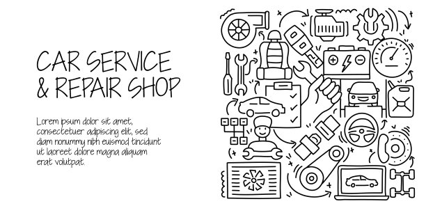 汽车服务和修理店相关的涂鸦插图。现代设计矢量插图的网页横幅，网站标题等。图片下载