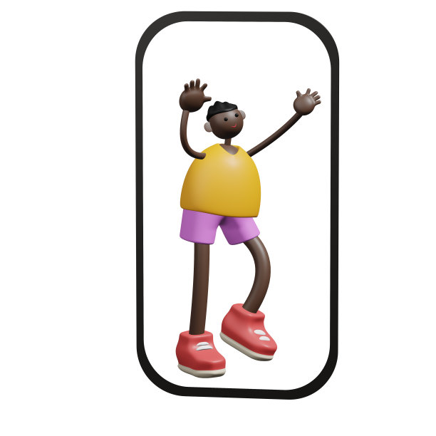 乐观的美国黑人年轻人在智能手机屏幕上。3 d演示。图片下载