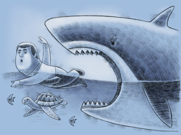 愤怒的鲨鱼追逐商人图片下载