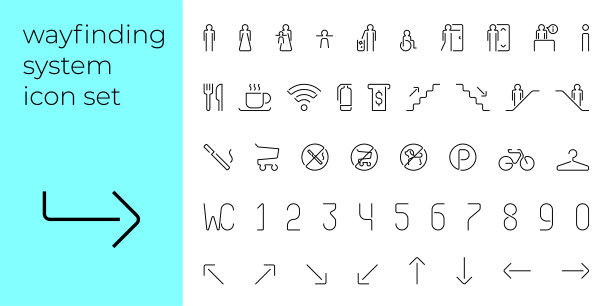 寻路系统线性现代图标集。方法寻找轮廓符号集合。商场导航标志。酒店或公共场所信息板。住宅小区方向标志。每股收益图片下载